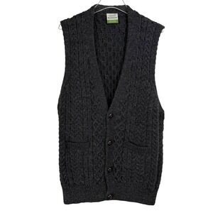 Shannon Woolen Mills Men XL Aran Cable Knit Wool Vest FISHERMAN Charcoal Ireland
